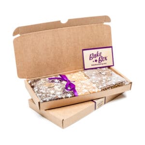 Luxury Corporate BakeBox Gift containing Chocolate Brownies, Caramel Shortcake and Scottish Tablet. Can be branded with logo and include a personalised message. Fits through standard letterbox.