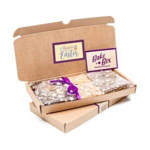 Easter themed Luxury BakeBox Gift containing Chocolate Brownies, Scottish Tablet and Caramel Shortcake. Can be braded with your logo and include a personalised message. Includes UK Delivery.