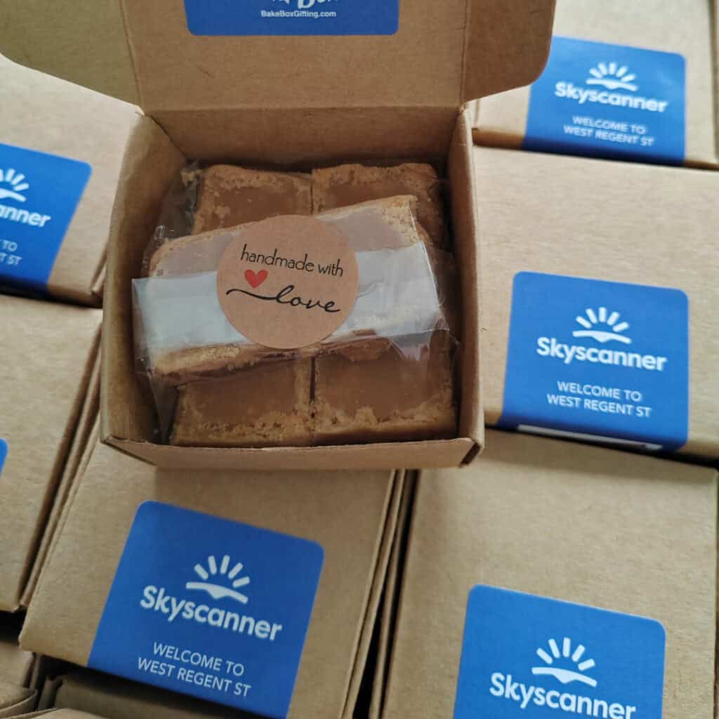 Skyscanner corporate gift full of Scottish Tablet by BakeBox Gifting